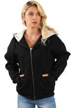 Load image into Gallery viewer, Black Sherpa Hooded Thumbhole Sleeve Zip Up Jacket
