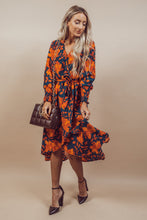 Load image into Gallery viewer, Orange Floral Print Faux Wrap Belted Dress
