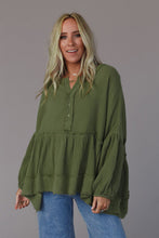 Load image into Gallery viewer, Green Henley Button Drop Shoulder Loose Sleeve Raw Edge Top
