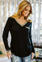 Load image into Gallery viewer, Black Glitter V Neck Chest Pocket Long Sleeve Top
