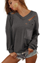 Load image into Gallery viewer, Gray Distressed V Neck Patch Pocket Long Sleeve Top
