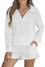 Load image into Gallery viewer, White Ribbed Zipper Sweatshirt and High Waist Shorts Set
