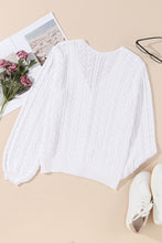 Load image into Gallery viewer, White Solid Cable Knit V-Neck Puff Sleeve Cardigan
