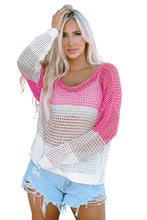 Load image into Gallery viewer, Pink Color Block Eyelet Long Sleeve Twisted Back Knit Top
