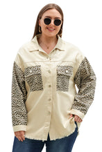 Load image into Gallery viewer, Apricot Plus Size Leopard Sleeve Raw Hem Denim Jacket
