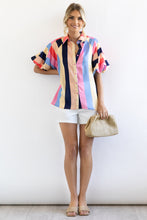 Load image into Gallery viewer, Multicolor Color Block Striped Puff Sleeve Buttoned Shirt
