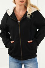 Load image into Gallery viewer, Black Sherpa Hooded Thumbhole Sleeve Zip Up Jacket
