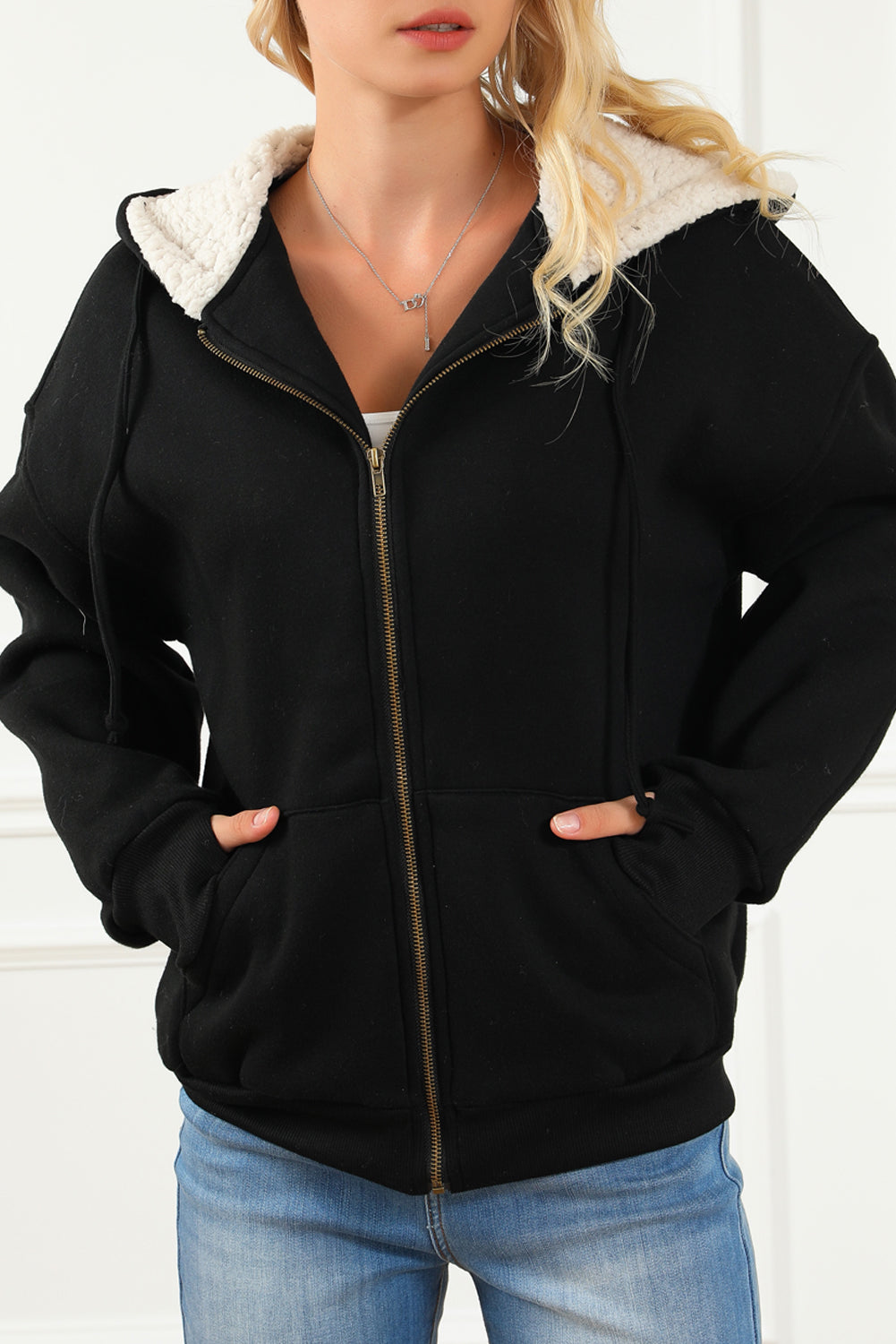 Black Sherpa Hooded Thumbhole Sleeve Zip Up Jacket