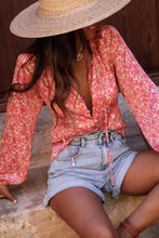 Load image into Gallery viewer, Pink Bubble Sleeve Floral Shirt with Lace up
