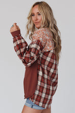 Load image into Gallery viewer, Red Floral Plaid Mixed Print Bishop Sleeve Patchwork Top
