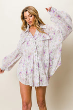 Load image into Gallery viewer, Purple Floral Print Pleated Flap Pocket Shirt
