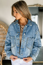 Load image into Gallery viewer, Sky Blue Studded Acid Wash Denim Jacket
