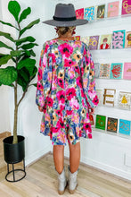 Load image into Gallery viewer, Multicolour Floral Tie Neck Bubble Sleeve Shift Dress
