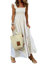 Load image into Gallery viewer, Khaki Plaid Ruffled Sleeve Smocked Maxi Dress
