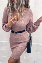 Load image into Gallery viewer, Pink V Neck Bodycon Sweater Dress
