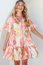 Load image into Gallery viewer, Geometric Print Ruffled Short Sleeve Tied V-Neck Mini Dress
