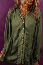 Load image into Gallery viewer, Pickle Green Loose Pocketed Ruffled Hem Draped Shirt Dress
