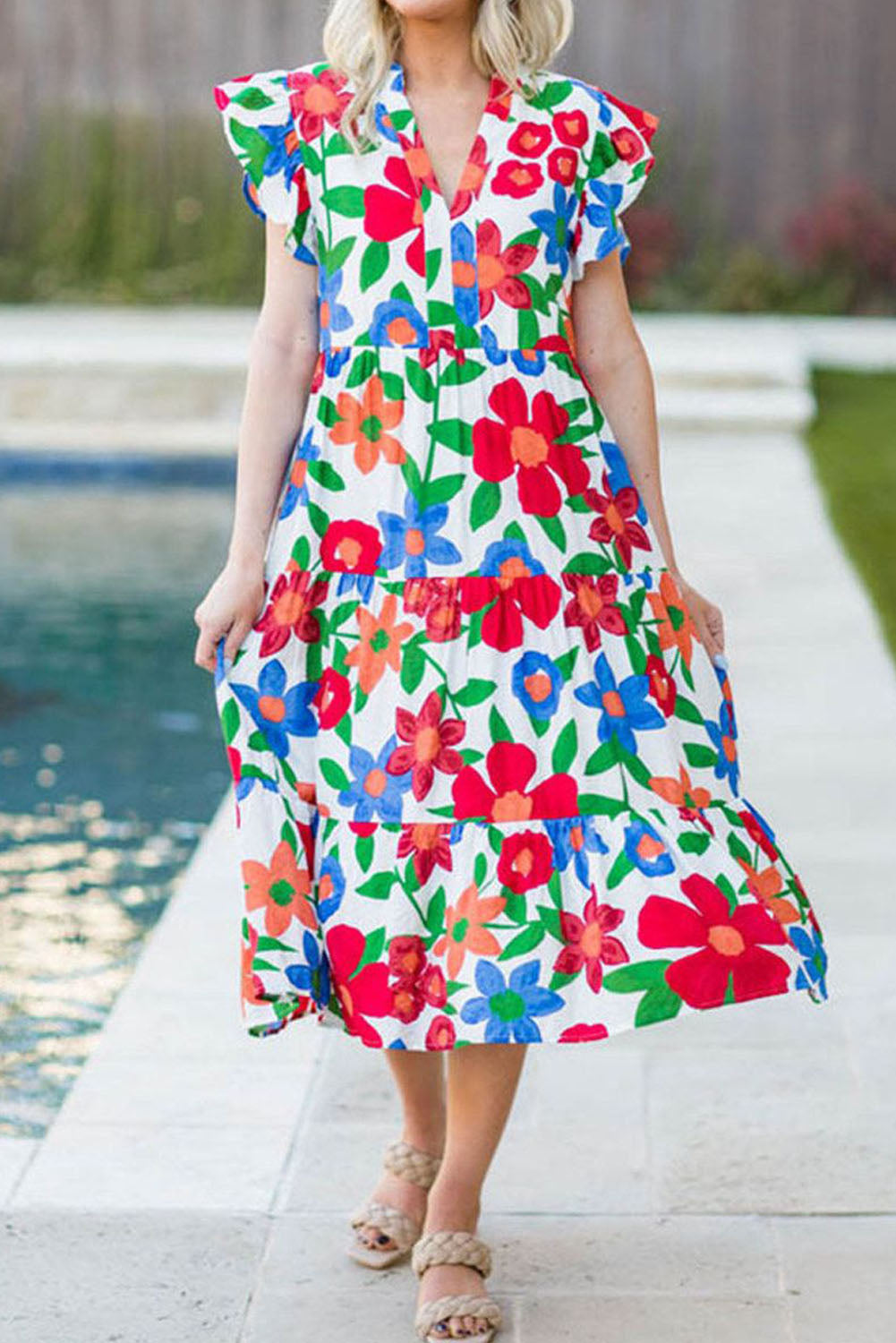 Multicolor Flutter Sleeve V Neck High Waist Floral Midi Dress