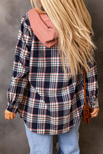 Load image into Gallery viewer, Pink Contrast Hooded Drawstring Plaid Shacket
