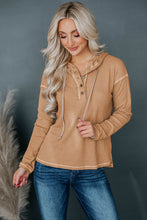 Load image into Gallery viewer, Khaki Seamed Drop Shoulder Waffle Knit Henley Hooded Top
