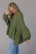 Load image into Gallery viewer, Green Henley Button Drop Shoulder Loose Sleeve Raw Edge Top
