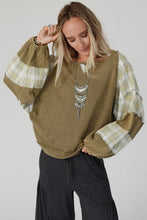 Load image into Gallery viewer, Plaid Patch Waffle Knit Exposed Seam Bubble Sleeve Top
