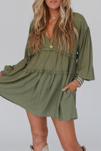 Load image into Gallery viewer, Green V Neck Puff Sleeve Frill Tiered Mini Dress
