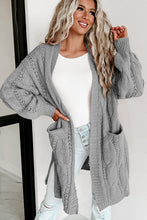 Load image into Gallery viewer, Gray Ribbed Trim Eyelet Cable Knit Cardigan
