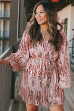 Load image into Gallery viewer, Pink Sequin Bubble Sleeves Short Wrap Dress
