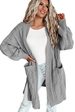 Load image into Gallery viewer, Gray Ribbed Trim Eyelet Cable Knit Cardigan
