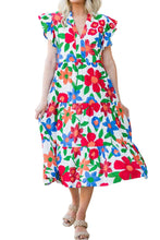 Load image into Gallery viewer, Multicolor Flutter Sleeve V Neck High Waist Floral Midi Dress
