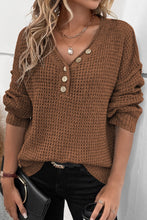 Load image into Gallery viewer, Coffee Pointelle Knit Button V Neck Drop Shoulder Sweater
