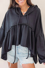 Load image into Gallery viewer, Black Oversized Ruffled High Low Hem Drop Shoulder Hoodie
