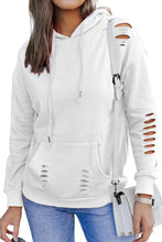 Load image into Gallery viewer, White Solid Ripped Hooded Sweatshirt with Kangaroo Pocket
