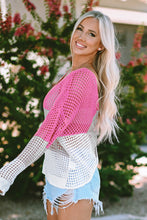Load image into Gallery viewer, Pink Color Block Eyelet Long Sleeve Twisted Back Knit Top
