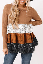 Load image into Gallery viewer, Brown Ribbed Long Sleeve Dotted Tiered Ruffled Flowy Top
