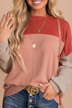 Load image into Gallery viewer, Red Color Block Long Sleeve Ribbed Loose Top
