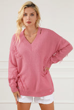 Load image into Gallery viewer, Pink Distressed Fringed Detail V Neck Baggy Sweater
