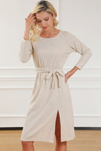 Load image into Gallery viewer, Beige Knotted Waist Side Split Open Back Midi Dress
