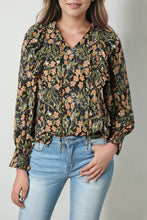 Load image into Gallery viewer, Black Plus Size Split Neck Ruffled Bubble Sleeve Floral Blouse
