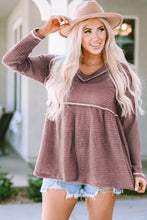 Load image into Gallery viewer, Pink Waffle Knit V Neck Long Sleeve Babydoll Top
