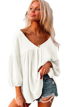 Load image into Gallery viewer, White Textured V Neck Bracelet Sleeve Babydoll Blouse
