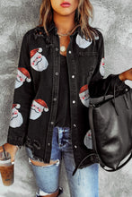 Load image into Gallery viewer, Black Sequined Santa Claus Graphic Frayed Denim Jacket
