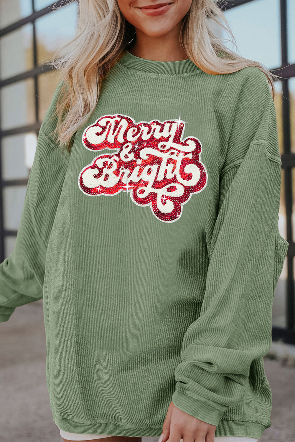 Grass Green Merry & Bright Sequin Ribbed Crew Neck Sweatshirt