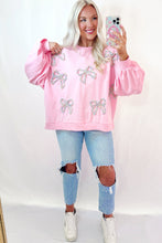 Load image into Gallery viewer, Light Pink Embroidered Bow Lantern Sleeve Oversized Pullover Sweatshirt
