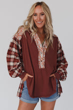 Load image into Gallery viewer, Red Floral Plaid Mixed Print Bishop Sleeve Patchwork Top
