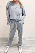 Load image into Gallery viewer, Gray Stars Print Long Sleeve Drawstring High Waist Lounge Set
