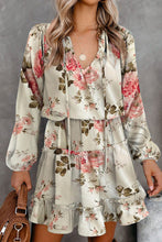 Load image into Gallery viewer, Beige Floral Split Neck Cinched Waist Ruffle Mini Dress
