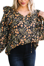 Load image into Gallery viewer, Black Plus Size Split Neck Ruffled Bubble Sleeve Floral Blouse
