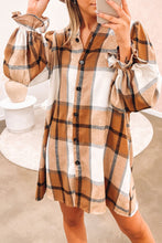 Load image into Gallery viewer, Khaki Plaid Pattern Collared Neck Ruffled Sleeve Shirt Dress
